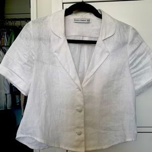 White Linen Crop Button Front Top